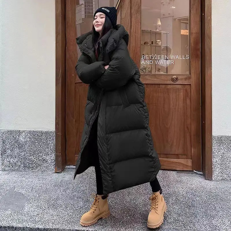 Damen Extralanger Puffer-Mantel mit Kapuze - Warm und Winddicht