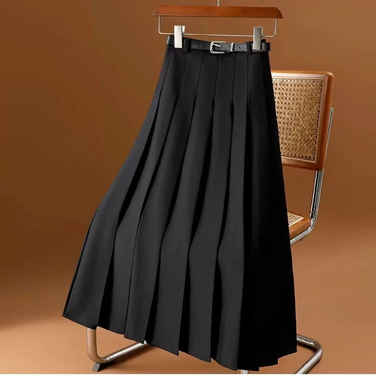 Damen A-Linien Midi-Rock – Plissierte Hohe Taille mit Gürtel