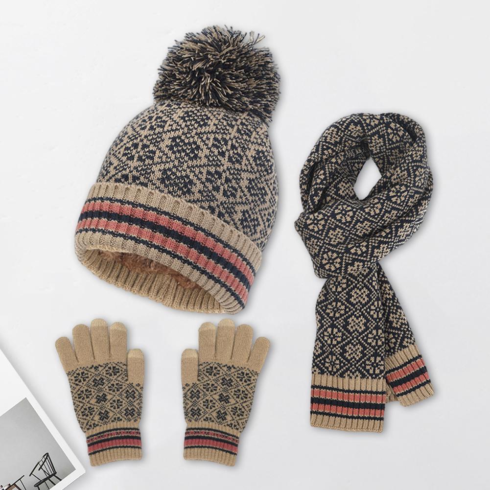 Damen 3-teiliges Winter-Strickset - Pompon Mütze, Schal und Touchscreen-Handschuhe