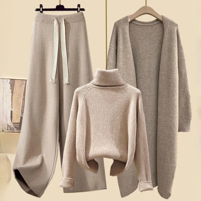 Damen 3-teiliges Strick-Set - Cardigan, Rollkragenpullover & Hose