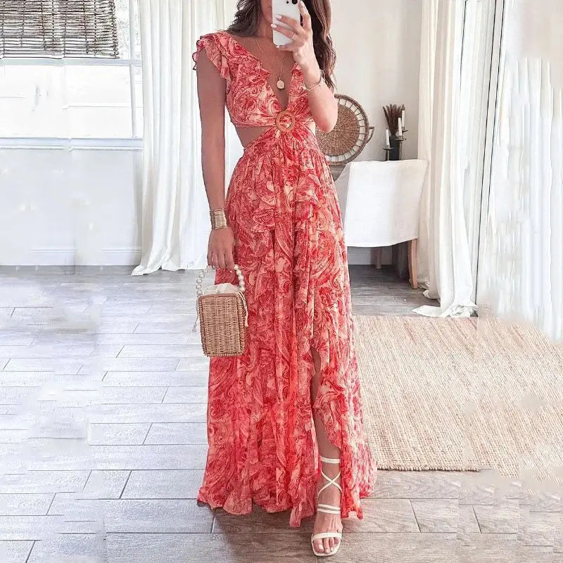 Elegantes Bedrucktes V-Ausschnitt-Kleid für Damen