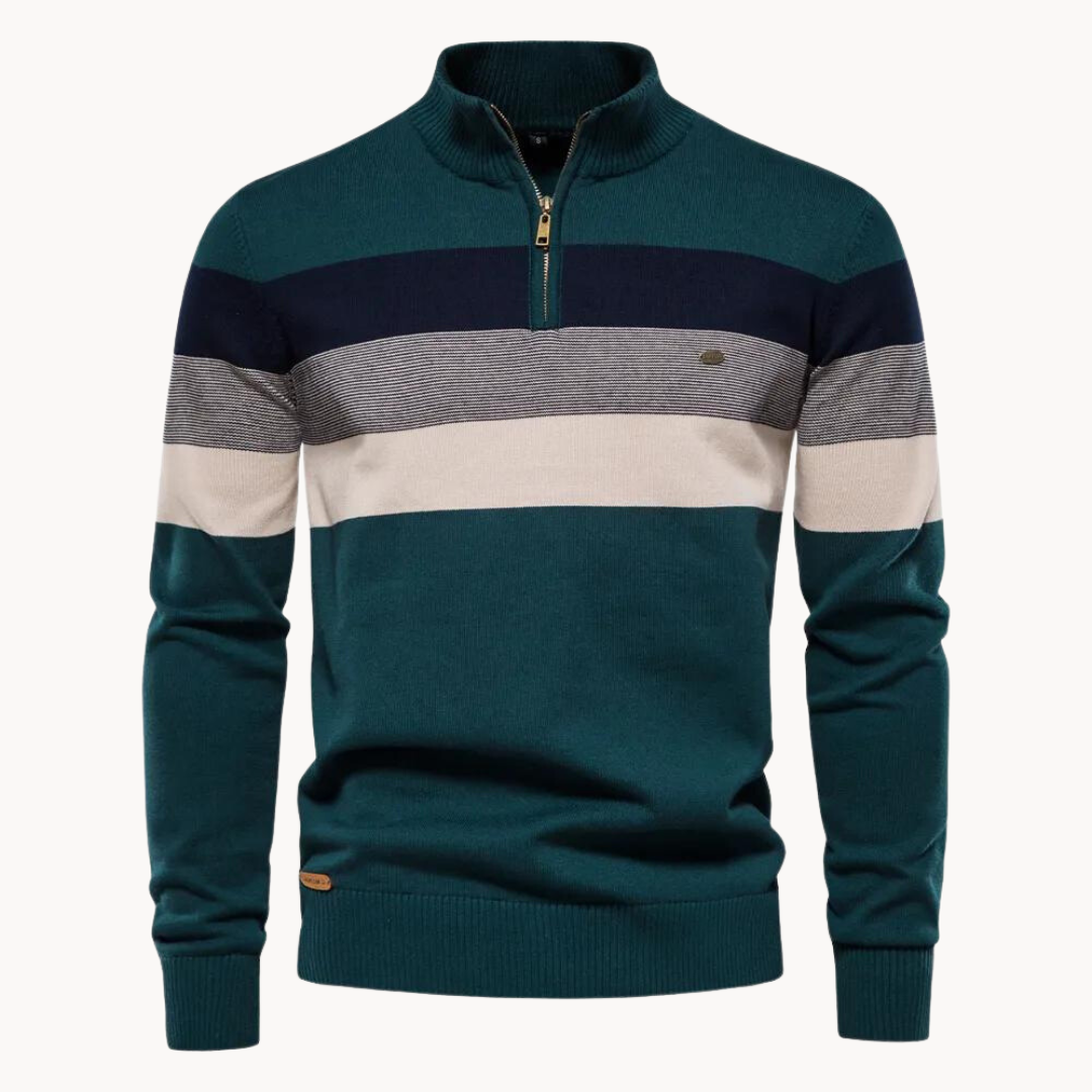 Herren Gestreifter Strickpullover - Stehkragen & Viertel-Reißverschluss