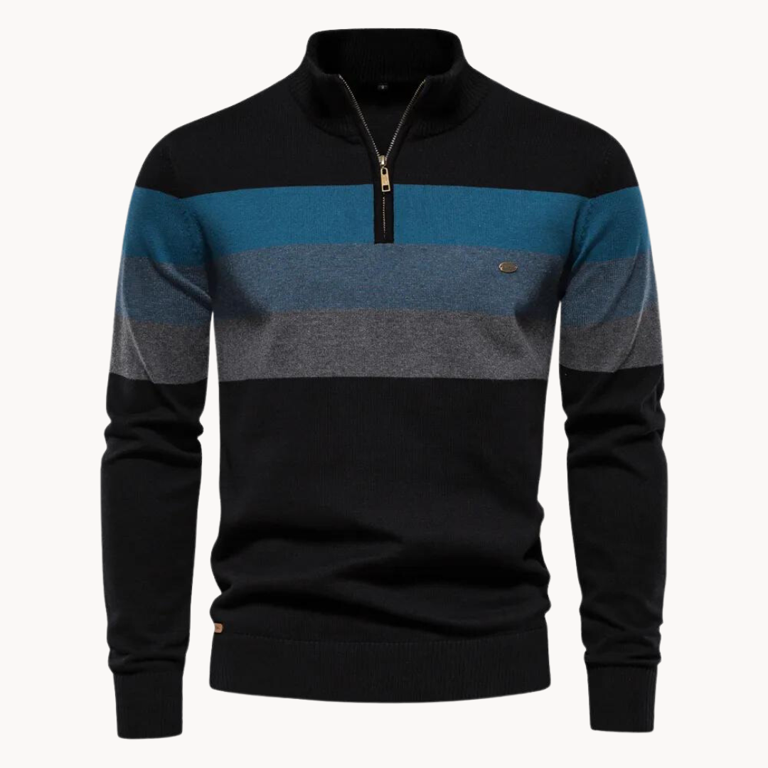 Herren Gestreifter Strickpullover - Stehkragen & Viertel-Reißverschluss