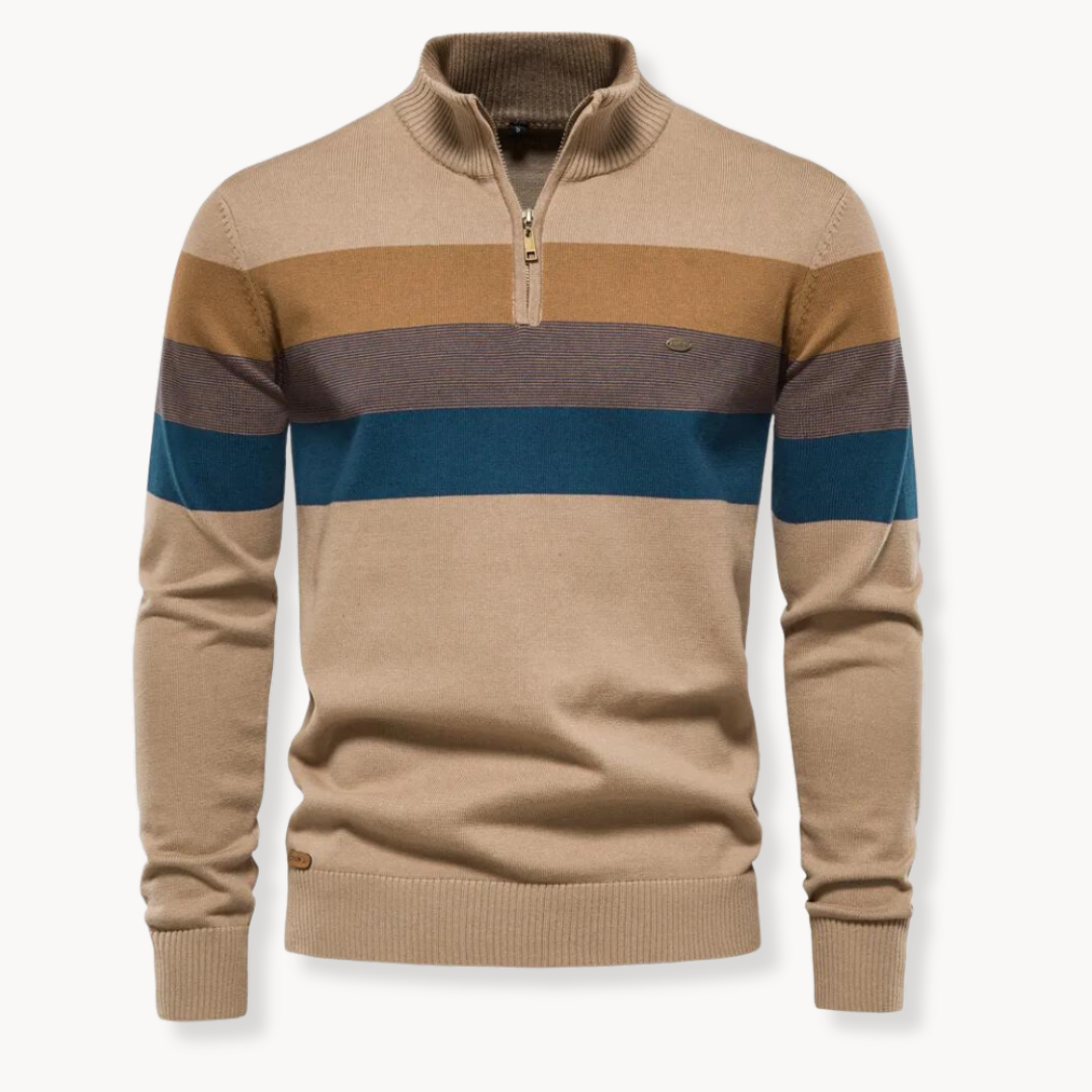 Herren Gestreifter Strickpullover - Stehkragen & Viertel-Reißverschluss