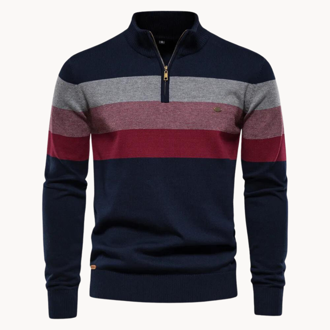 Herren Gestreifter Strickpullover - Stehkragen & Viertel-Reißverschluss
