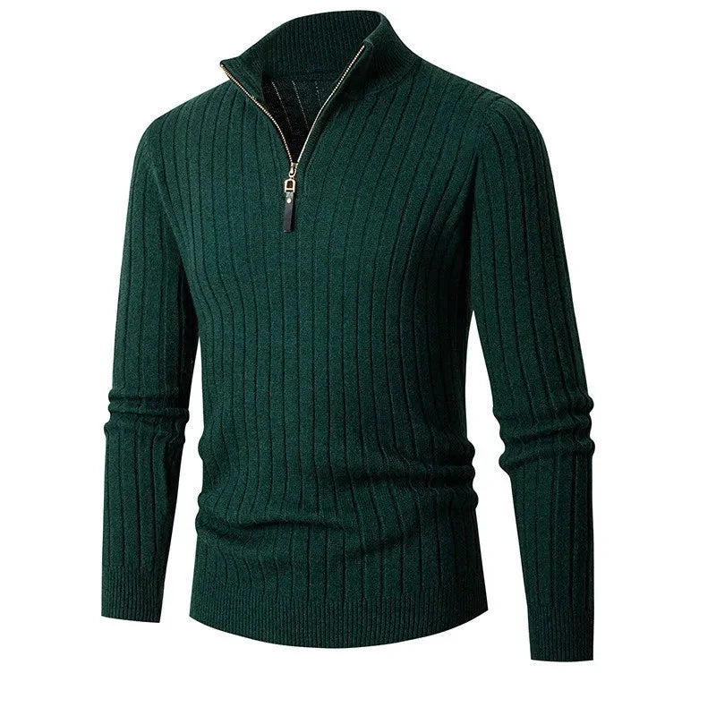 Herren Halb-Reißverschluss Pullover - Gerippter Strick mit Stehkragen