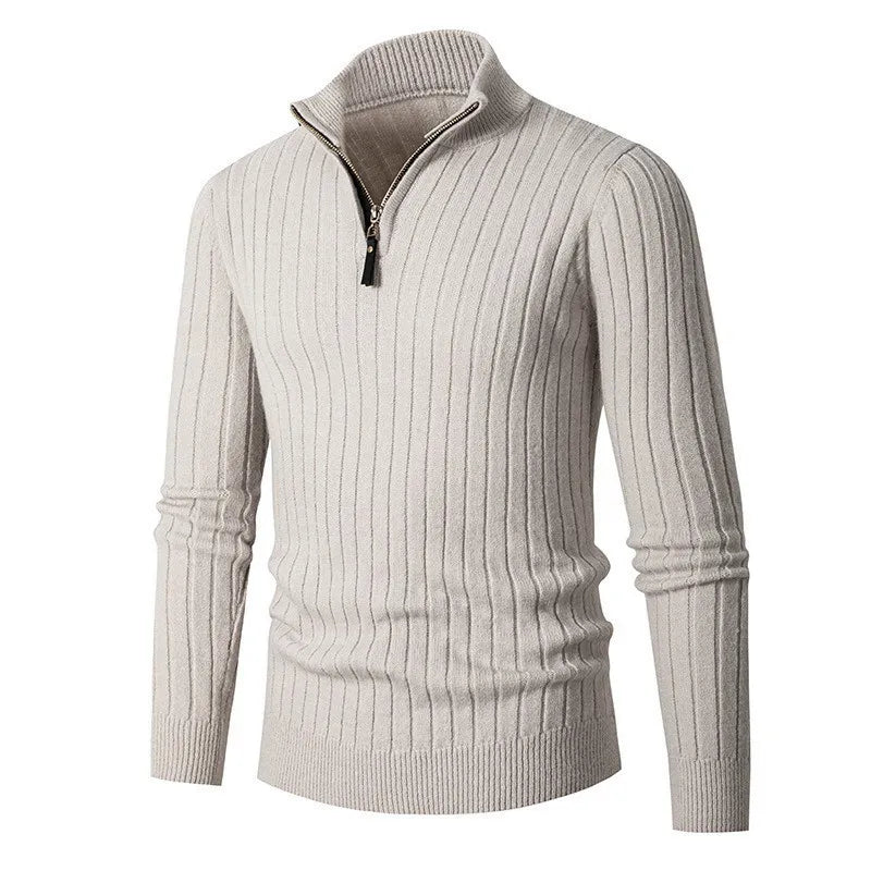 Herren Halb-Reißverschluss Pullover - Gerippter Strick mit Stehkragen