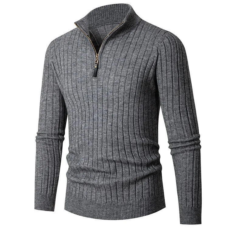 Herren Halb-Reißverschluss Pullover - Gerippter Strick mit Stehkragen