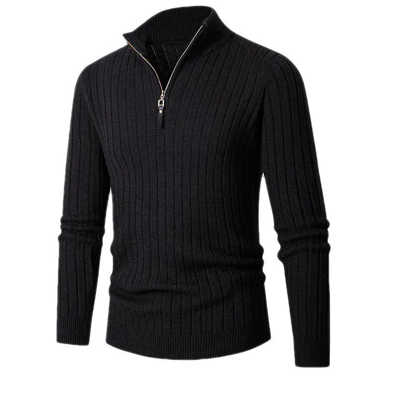 Herren Halb-Reißverschluss Pullover - Gerippter Strick mit Stehkragen