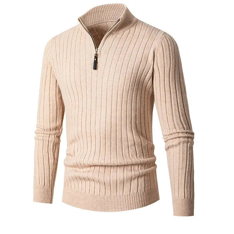 Herren Halb-Reißverschluss Pullover - Gerippter Strick mit Stehkragen