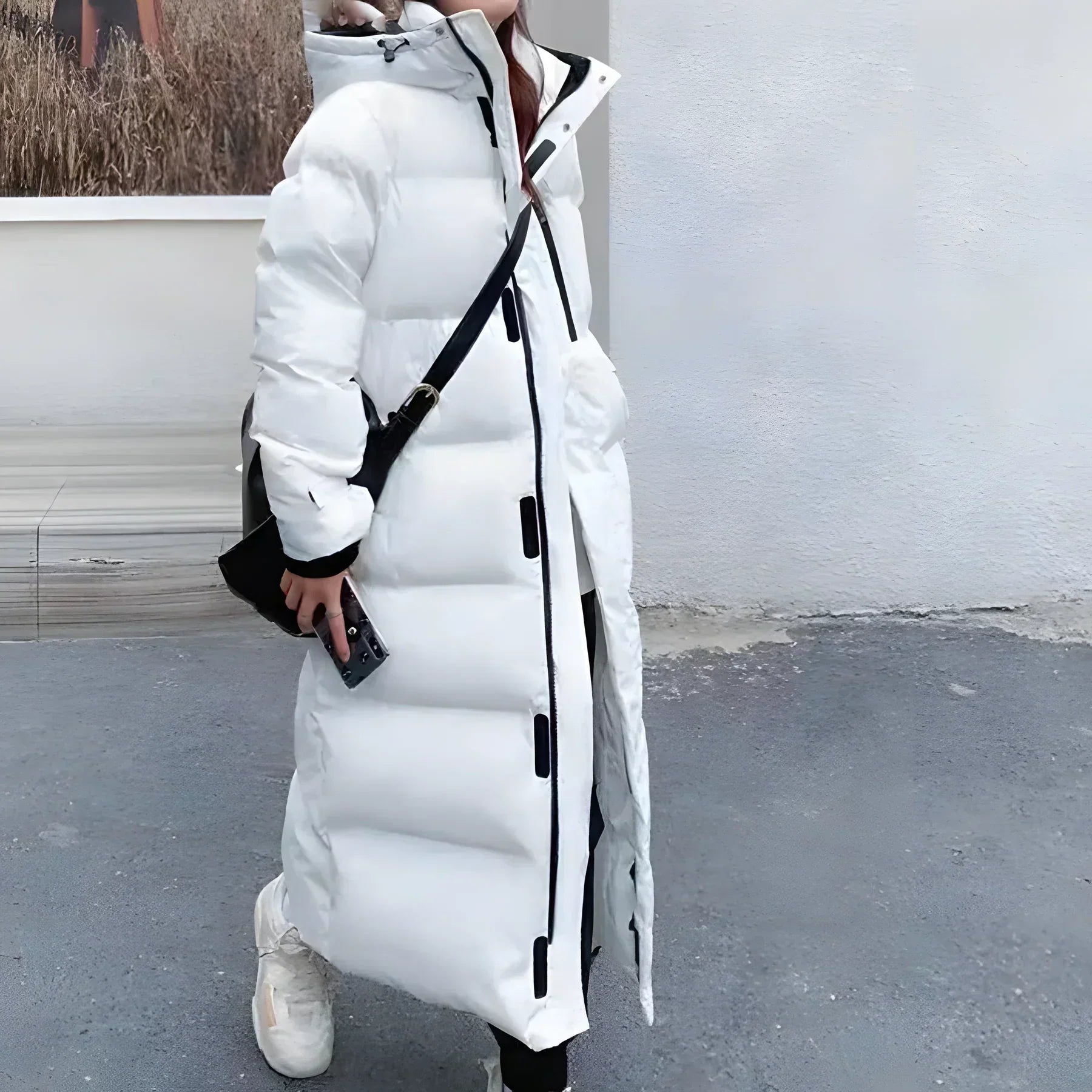 Damen Langer Puffer-Mantel - Mit Kapuze und Durchgehendem Reißverschluss