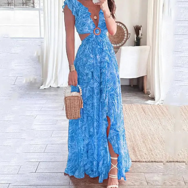 Elegantes Bedrucktes V-Ausschnitt-Kleid für Damen