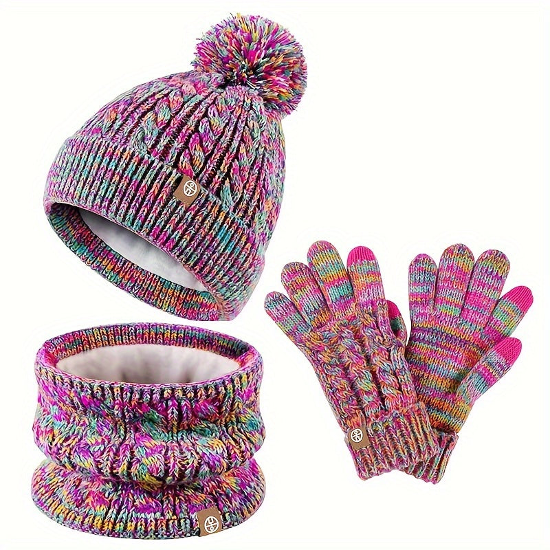 Damen 3-teiliges Winter-Strickset - Pompon Mütze, Infinity Schal und Touchscreen-Handschuhe
