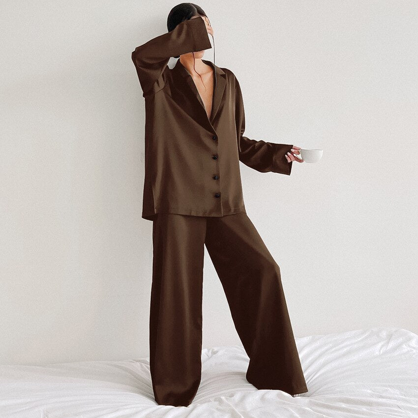 Damen Pyjama Set - Durchgeknöpftes Hemd & Weite Hosen
