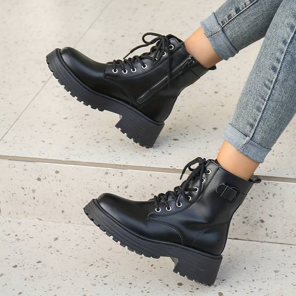 Damen Combat Stiefel - Plateausohle & Seitenreißverschluss