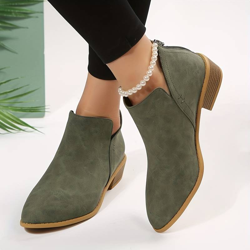 Damen Stiefeletten mit niedrigem Absatz - Spitze Zehenpartie & Reißverschluss hinten