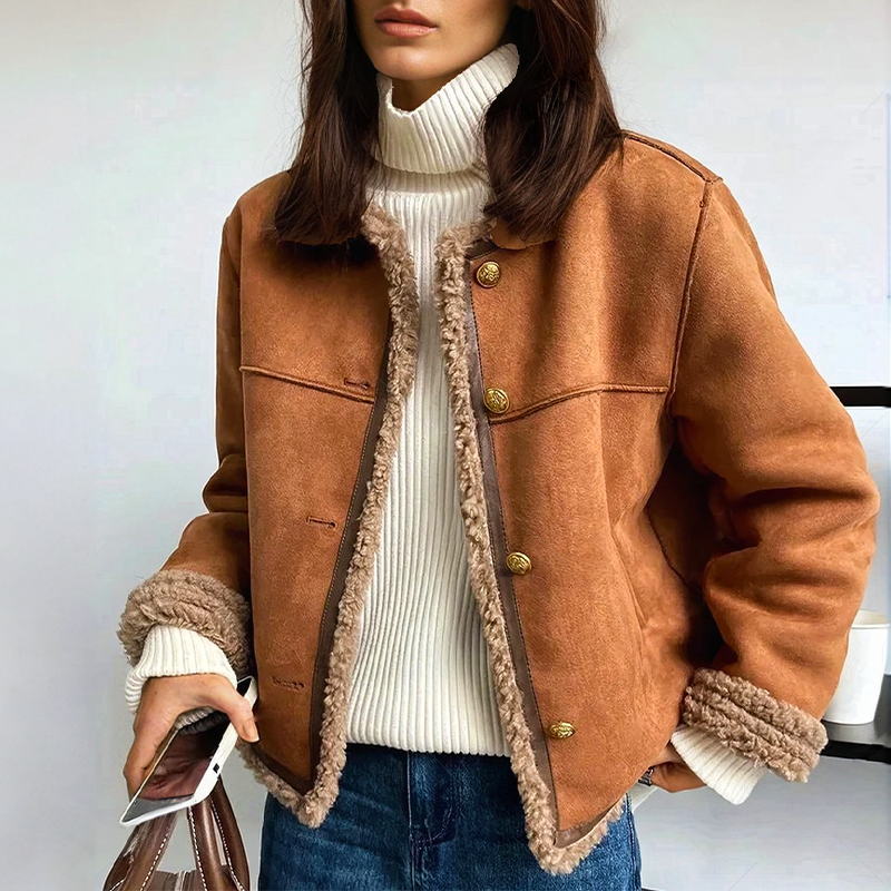 Damen Vintage-Wildlederjacke – Shearling-Futter mit Knopfverschluss