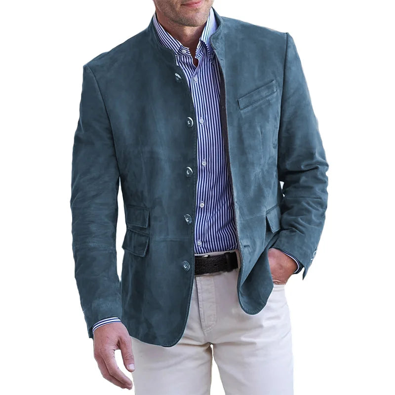 Herren Wildleder-Stehkragen-Blazer – Knopfdesign