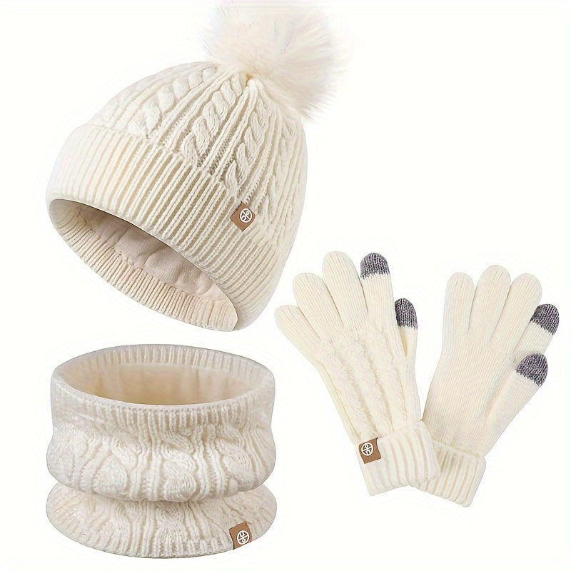 Damen 3-teiliges Winter-Strickset - Pompon Mütze, Infinity Schal und Touchscreen-Handschuhe