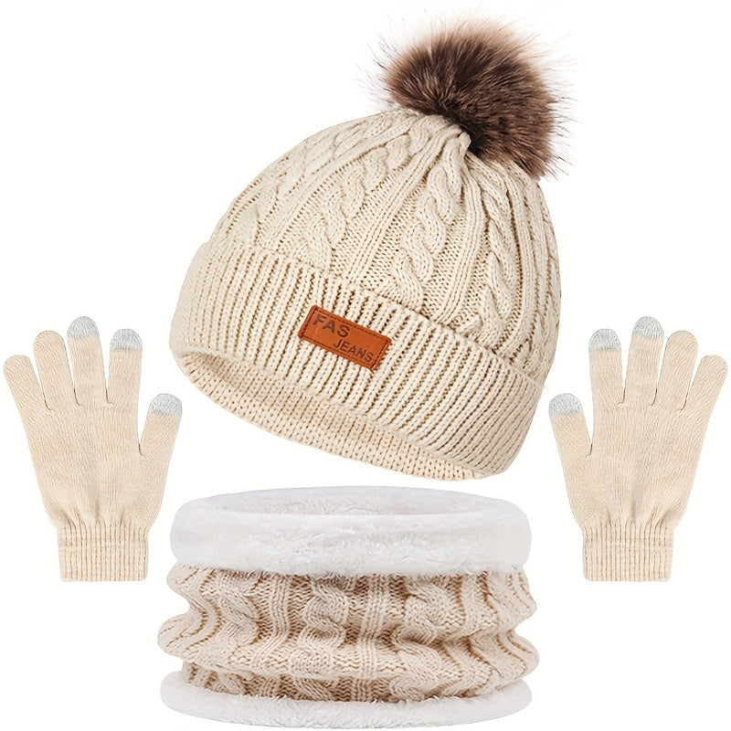 Damen 3-teiliges Winter Set - Zopfmuster Schal, Mütze & Touchscreen-Handschuhe