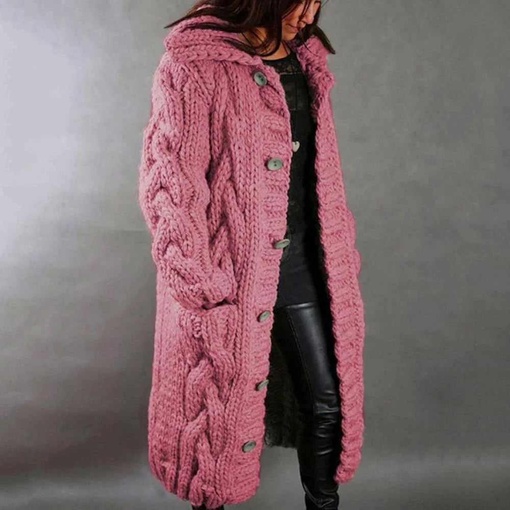 Damen Langer Strick-Cardigan - Zopfmuster und Kapuze