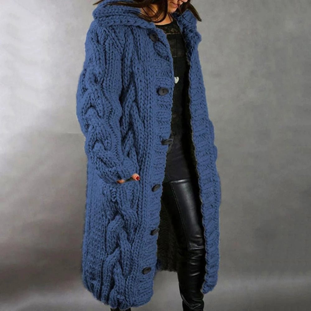 Damen Langer Strick-Cardigan - Zopfmuster und Kapuze