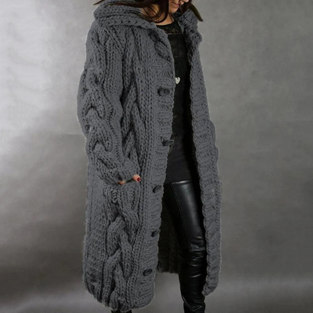 Damen Langer Strick-Cardigan - Zopfmuster und Kapuze