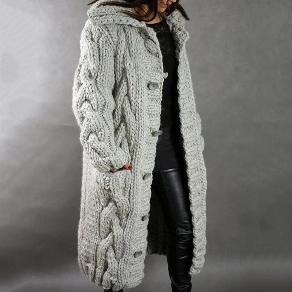 Damen Langer Strick-Cardigan - Zopfmuster und Kapuze