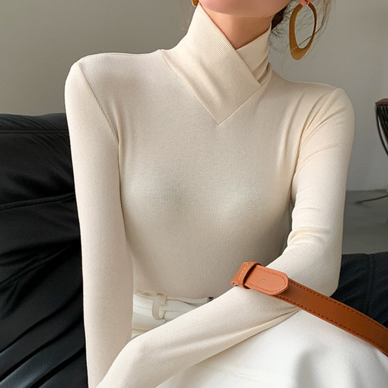 Damen Geripptes Langarm-Top – Asymmetrischer Stehkragen