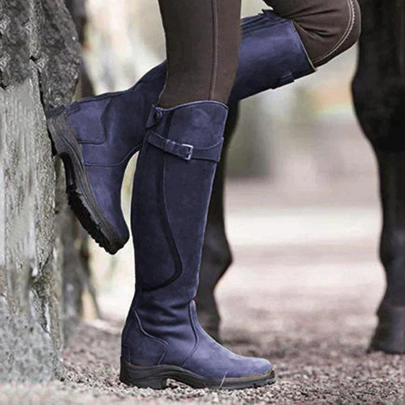 Damen Kniehohe Stiefel - Mit Schnallenriemen und Reißverschluss