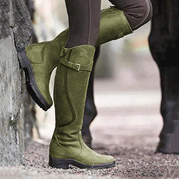 Damen Kniehohe Stiefel - Mit Schnallenriemen und Reißverschluss